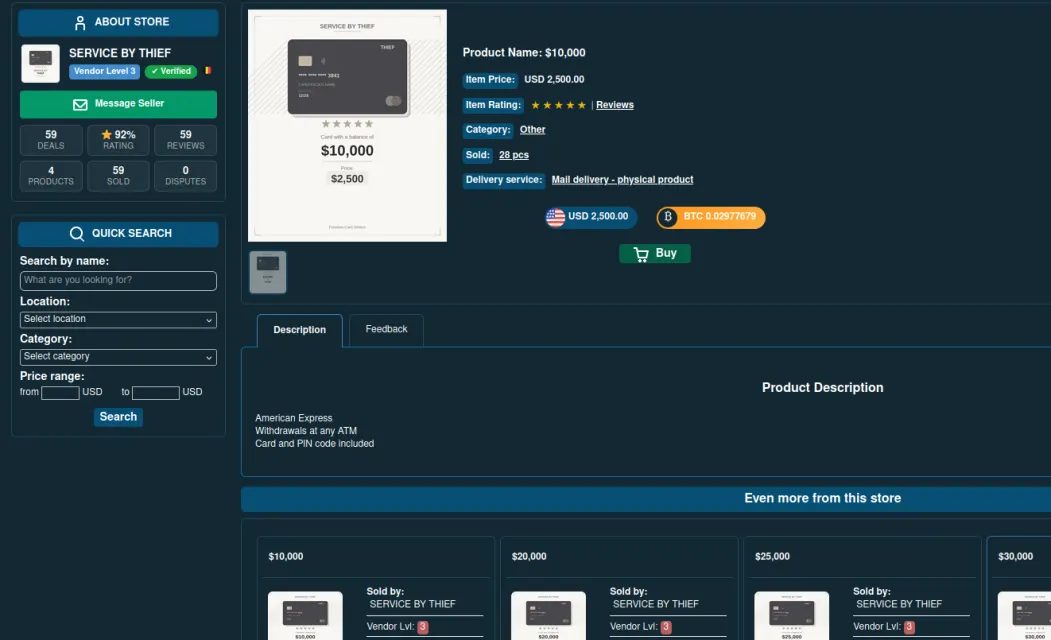 Online store page selling 'SERVICE BY THIEF' for $10,000